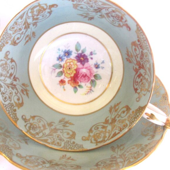 Paragon Tea Cup and Saucer, Hand Painted Summer Floral, Soft Sage Green,   I250 - Picture 1 of 9